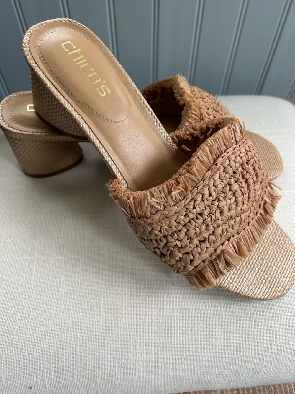 Chico's Tan Raffia Fringe Slide Mules - Picture 2 of 5